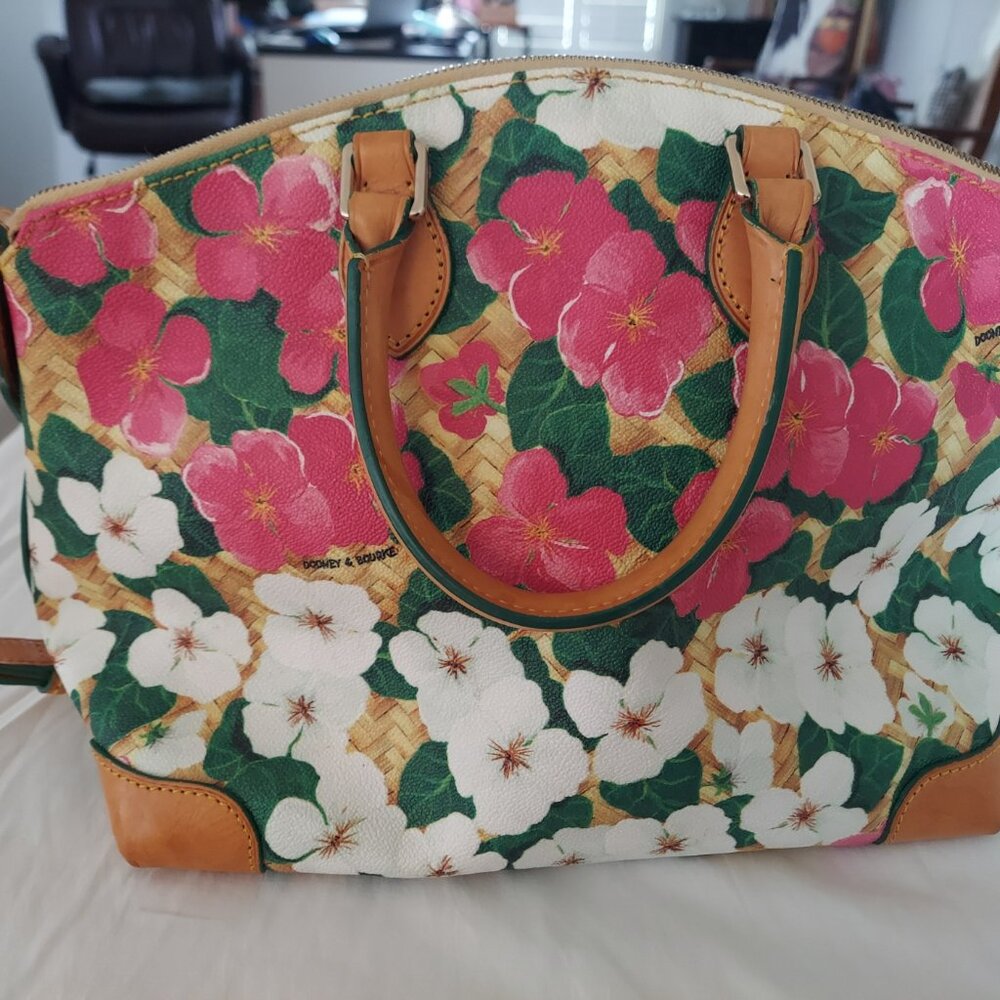 Dooney & Bourke Pink and White Hibiscus Floral Leather Satchel Pre-loved - Picture 2 of 7